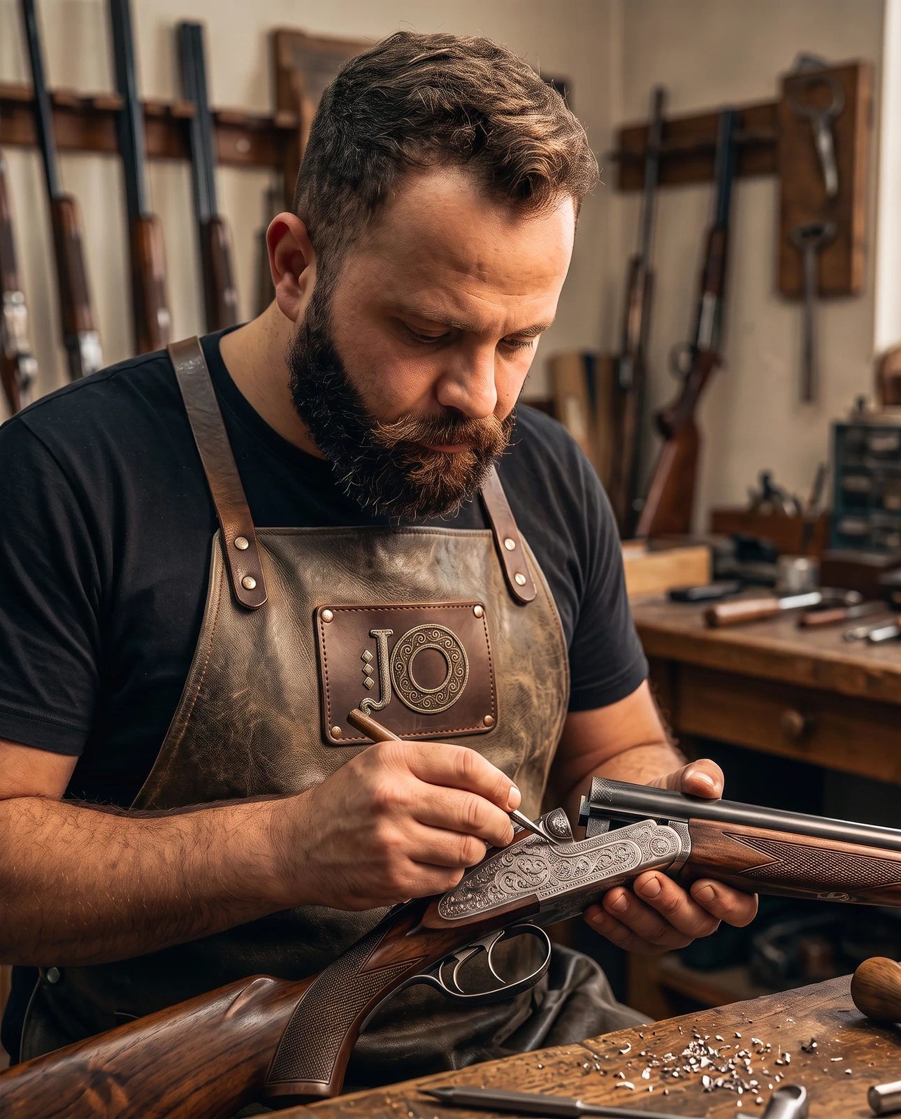 Master craftsman hand-engraving a bespoke firearm