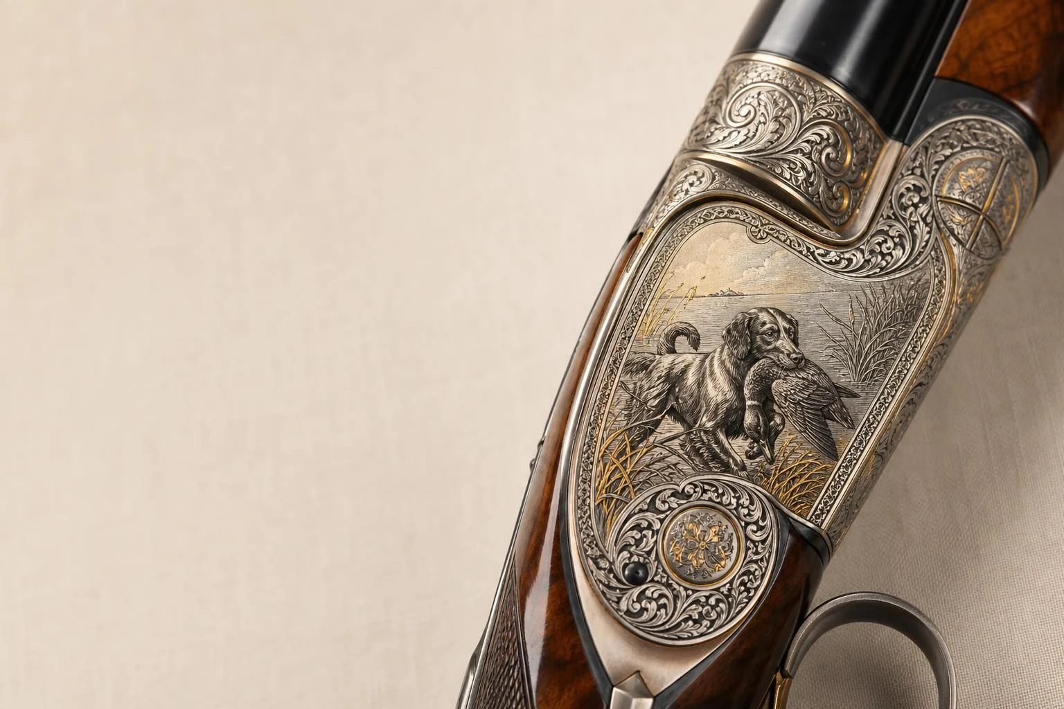 Bespoke sidelock shotgun on warm linen in the atelier