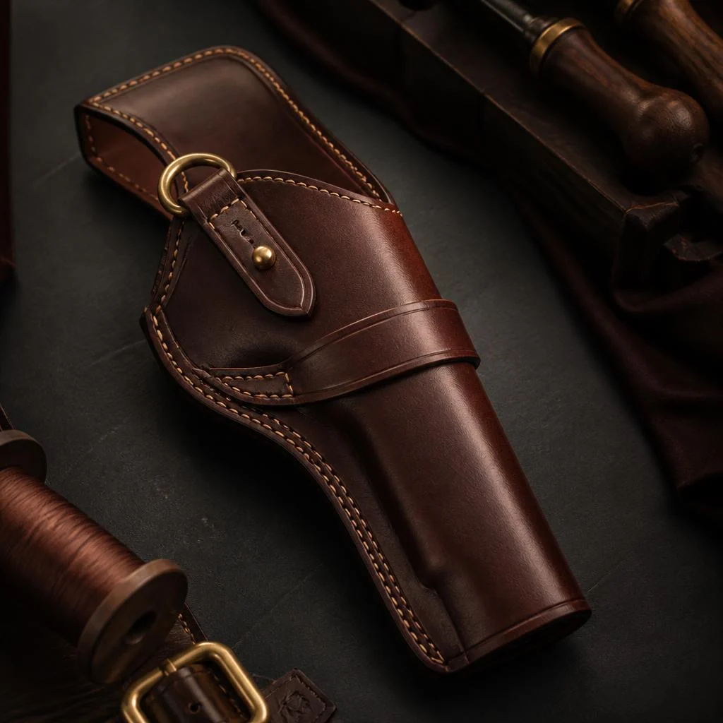 Hand-stitched full-grain leather pistol holster with laser monogram