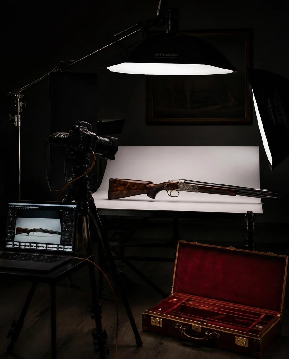 Studio photograph of an engraved pistol on black velvet and stone